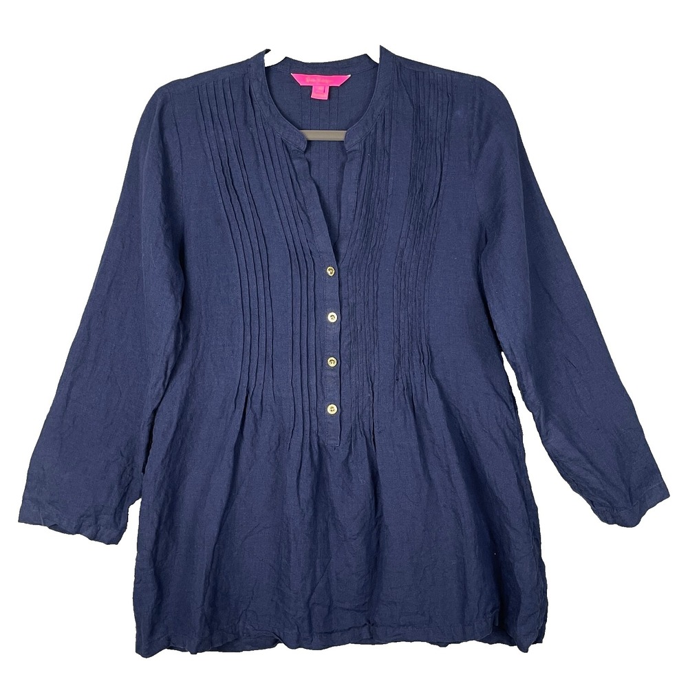 Lilly Pulitzer Sarasota Tunic Top XS Blue 100%‎ linen popover Pleated Lagenlook